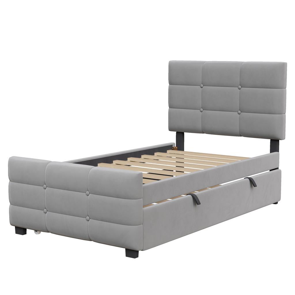 Upholstered Bed 90 X 190 Cm with Pull-Out Bed, Flat Single Bed In Skin-Friendly Velvet Fabric, Children's Bed Youth Bed Guest Bed (Grey)