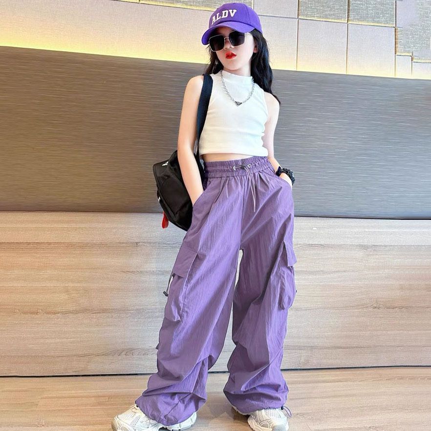 Summer Girls'  Hip Hop Joggers Pants Girls Cargo Pants Teenage Straight Trousers High Waist Vintage Casual Streetwear Baggy Pants