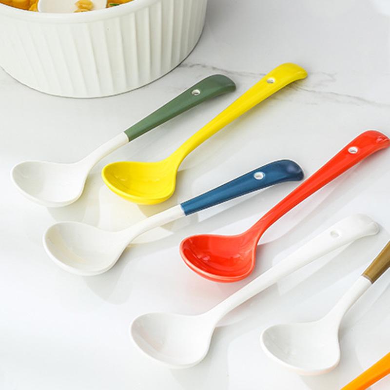 2 PCS Porcelain Soup Spoon Round-Bottom Ceramic Chinese Style Spoons for Home and Restaurant, Use for Coffee, Tea, Yogurt and Desserts, 6.7 inch