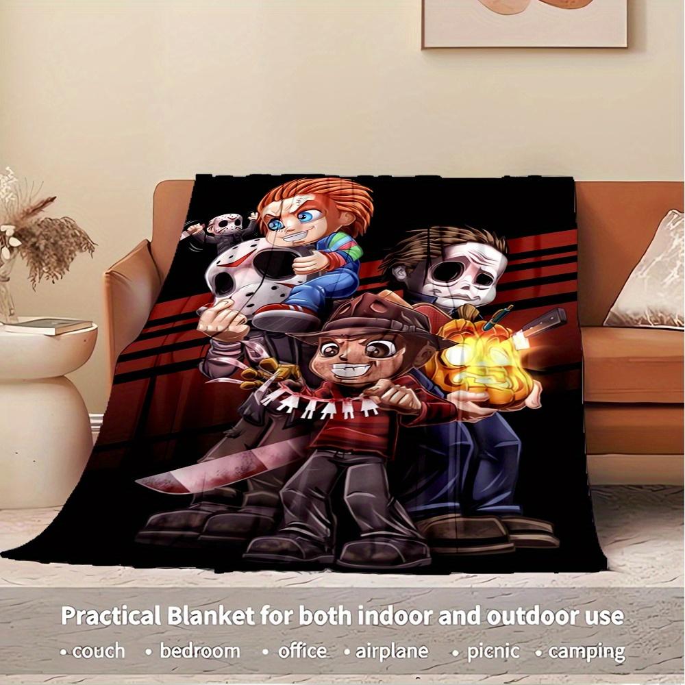 1pc Horror Icons,Chibi Art,Halloween ThemeTheme Digital Printed Flannel Blanket, Super Soft Plush Fleece Bed Cover, Multi-Function Four Seas