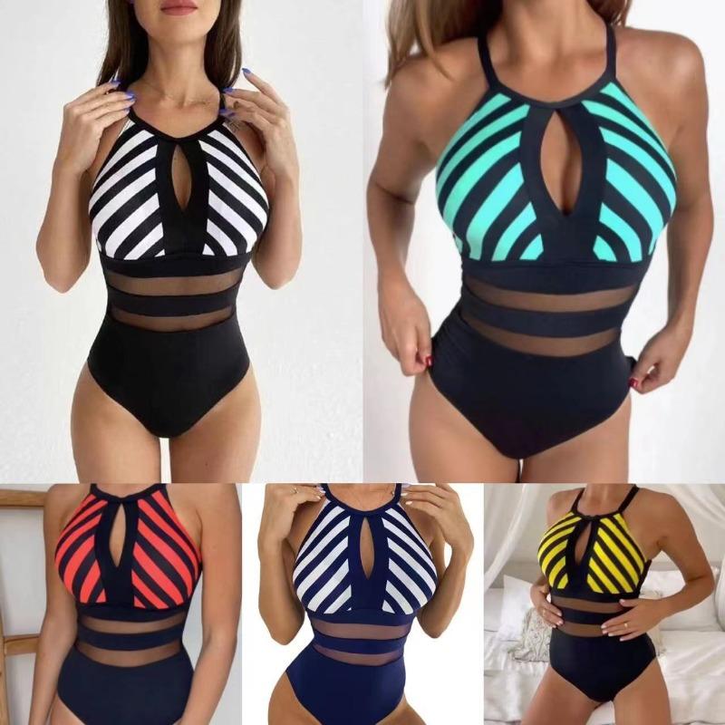 Nylon fabric new striped printing sexy backless mesh splicing one-piece women's swimsuit