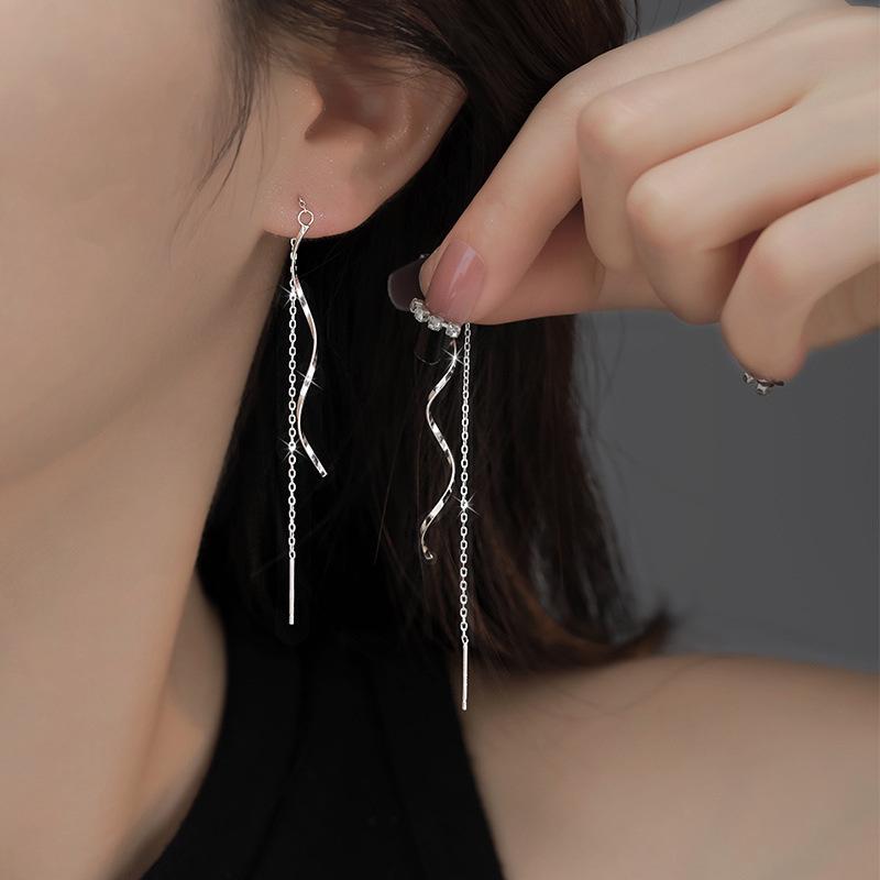 New Silver Color Long Tassel Drop Earrings for Women Style Back Hanging Earlines Shiny Zircon Fashion Earrings Wedding Jewelry