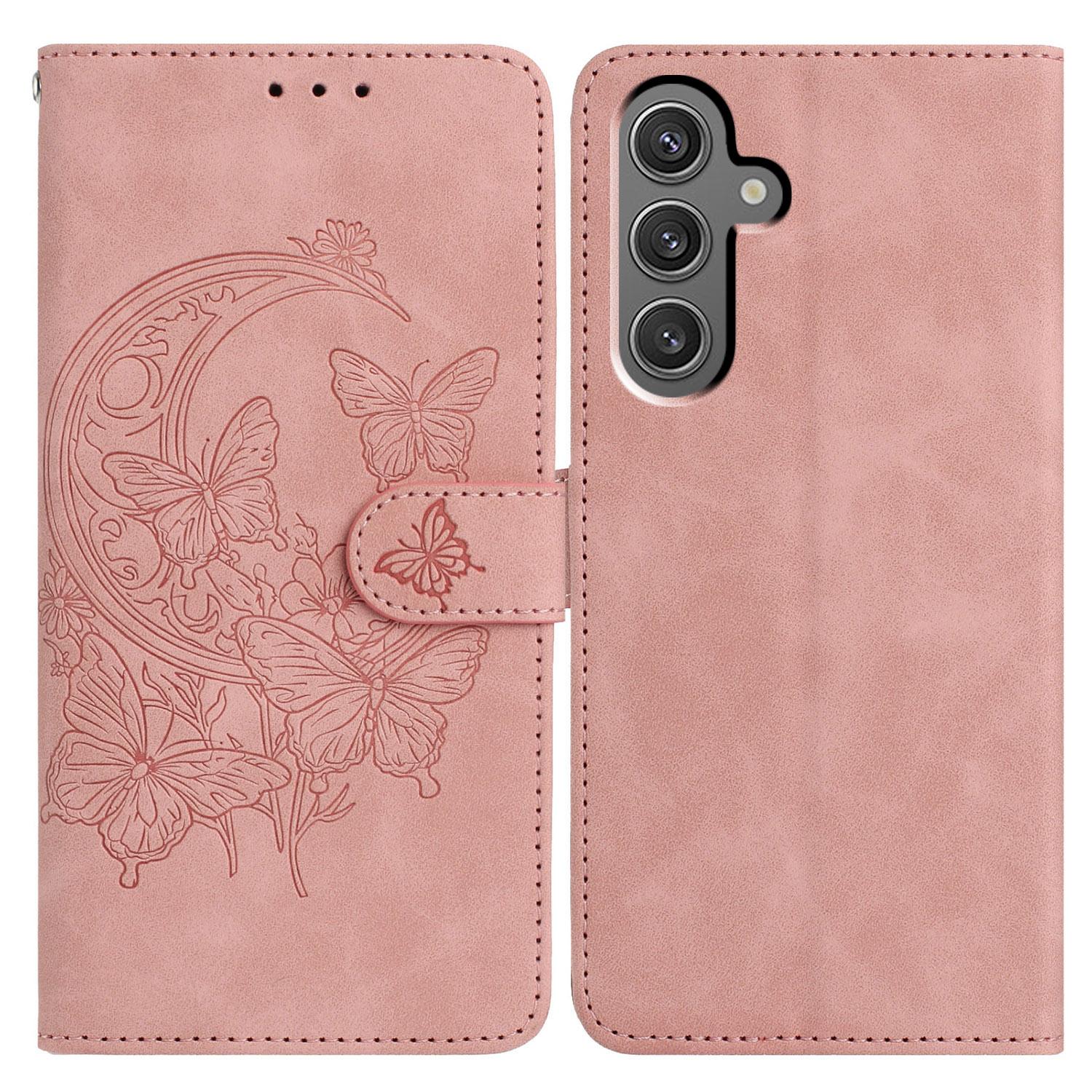 

For Samsung Galaxy S24 Case Butterfly Flower Imprinted PU Leather Wallet Stand Phone Cover Rose Gold