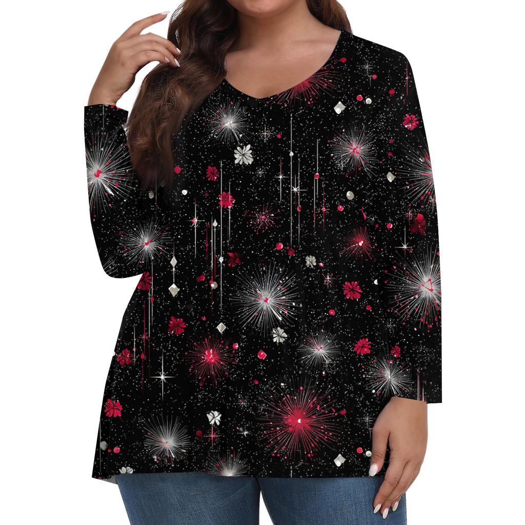 Women's Fashionable Casual Long Sleeved Plus Size Print Top Plus Size Floral Print Top