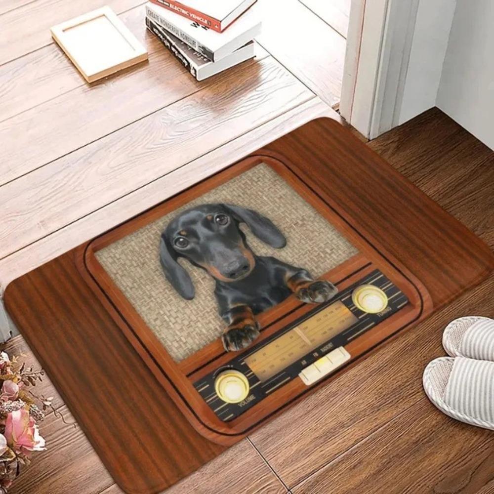 Tappeto Rettangolare con Stampa Bassotto Vintage Cane Animale Domestico Carino Tappetino Decorazione Casa in Denim Tappeto Antiscivolo per Pavimento Zerbino Ingresso Design Radio