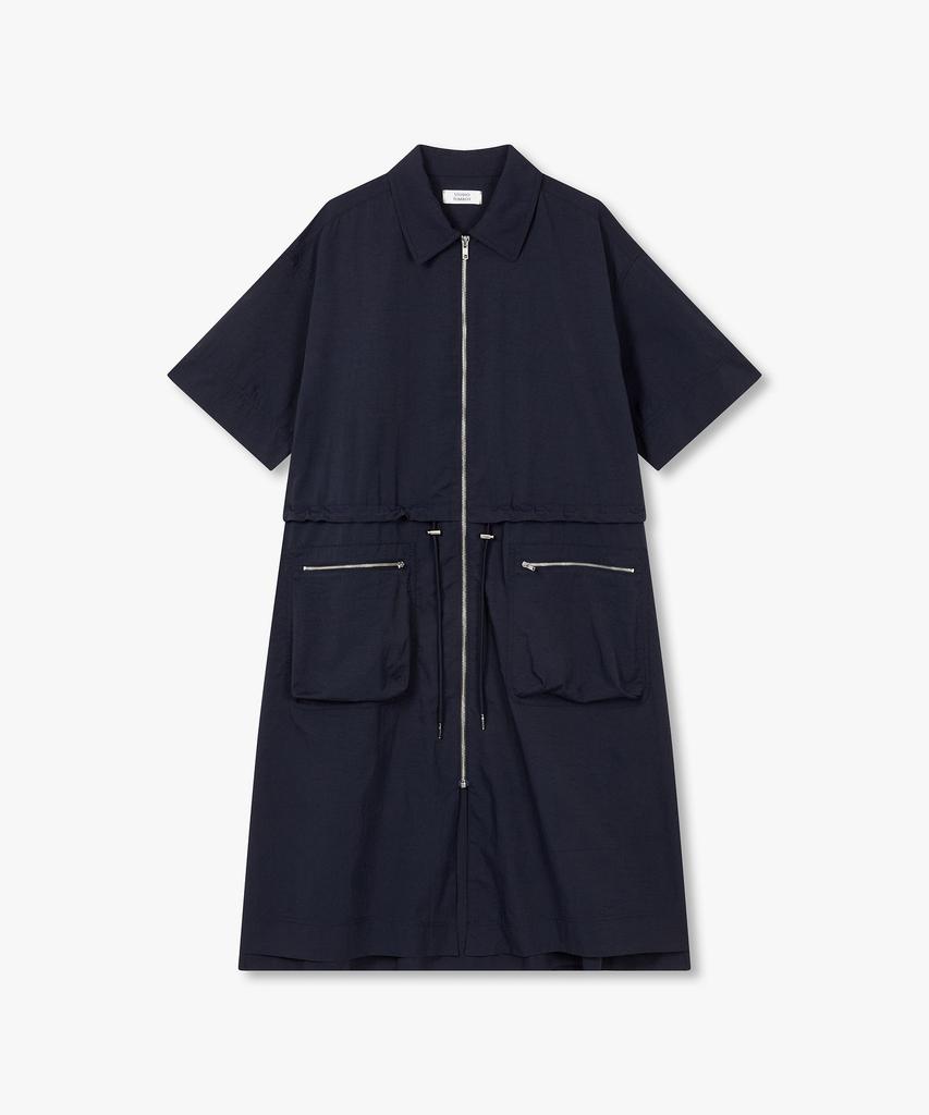 STUDIO TOMBOY Waist Drawstring Zip-Up Collared Short Sleeve Dress_Navy 91F6241785