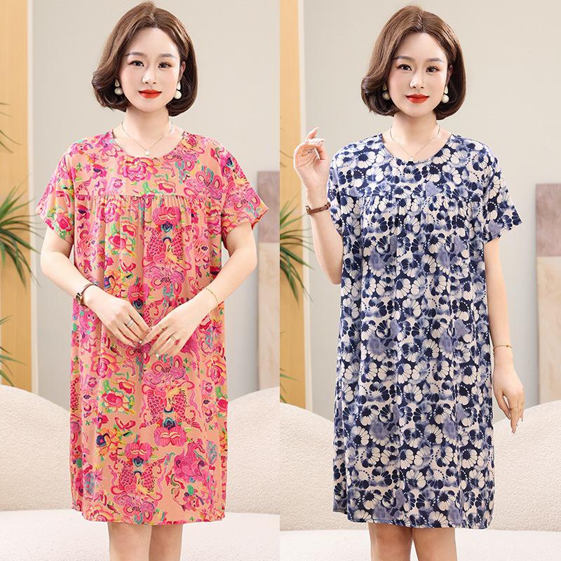 Floral Print Cotton Silk Knee-Length Dress for Middle-Aged Women – Lightweight, Short-Sleeved, Loose-Fit, Plus Size