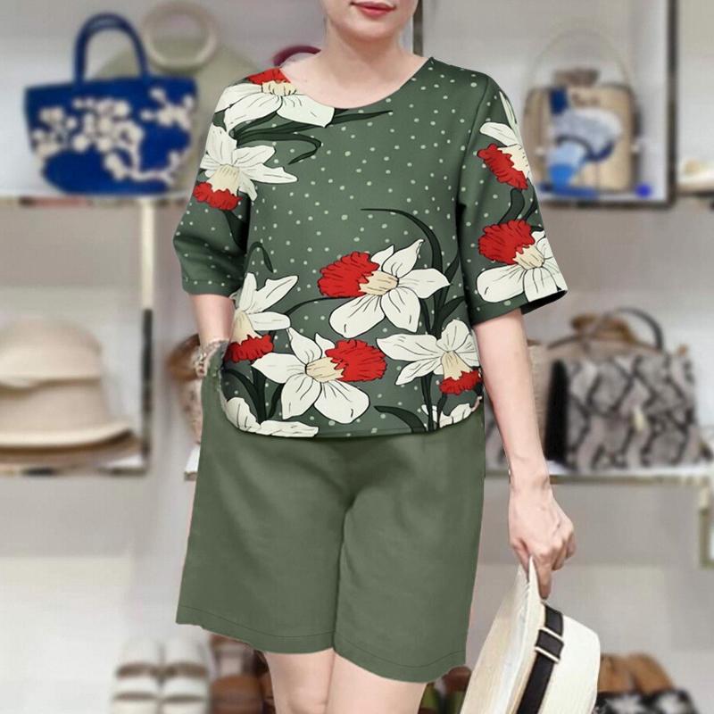 

ZANZEA Женский повседневный комплект из двух предметов: топ с коротким рукавом, V-образным вырезом и широкими шортами 3XL