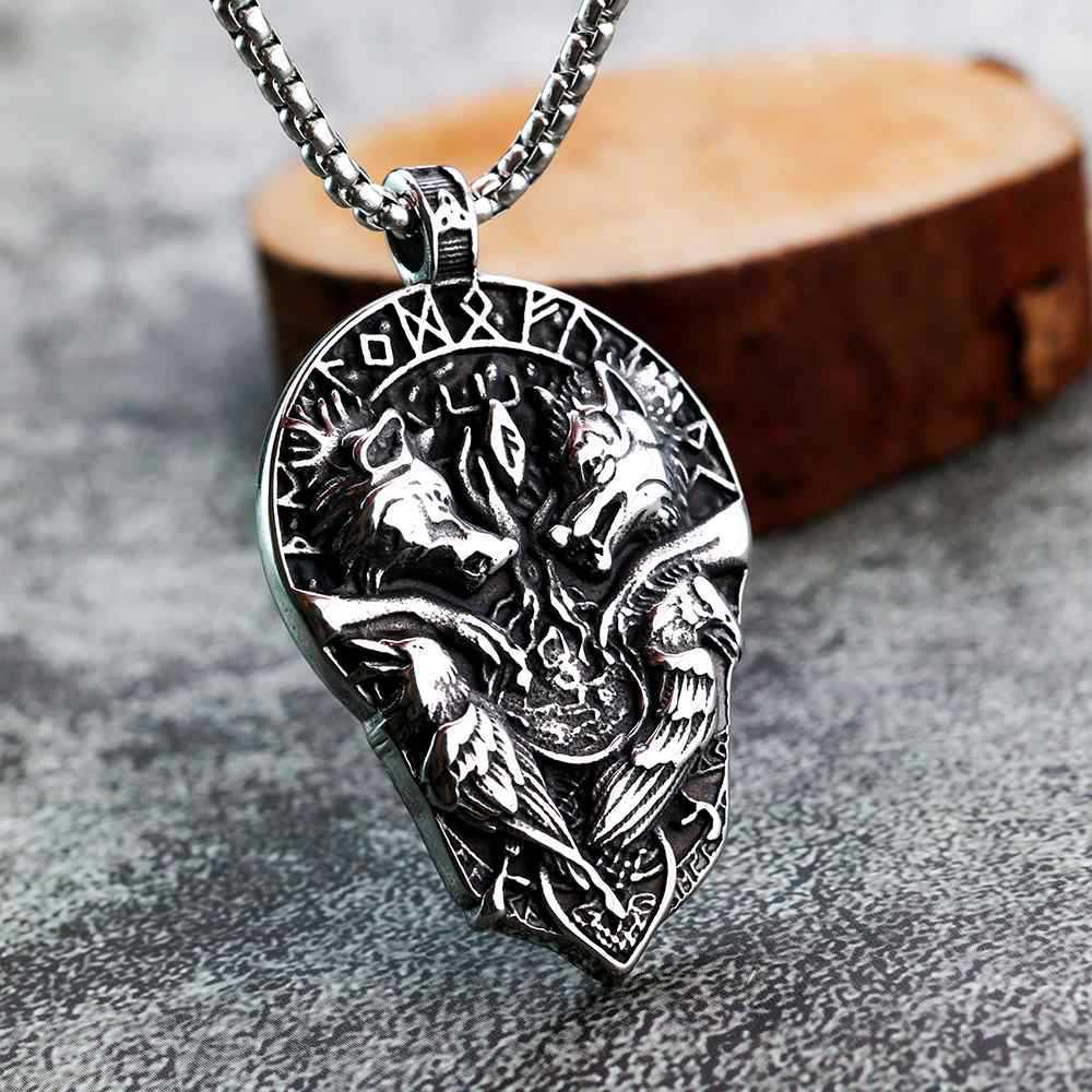 Nordic Stainless Steel Viking Rune Necklace with Celtic Wolf and Raven Design