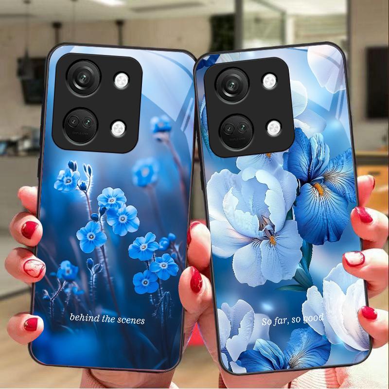 Blue Flower Element For OnePlus Nord 3 5 6T 7 Pro 8 12 10T Reno8 Lite 5G 10R Nord N30 Shell Tempered Glass Phone Case Black