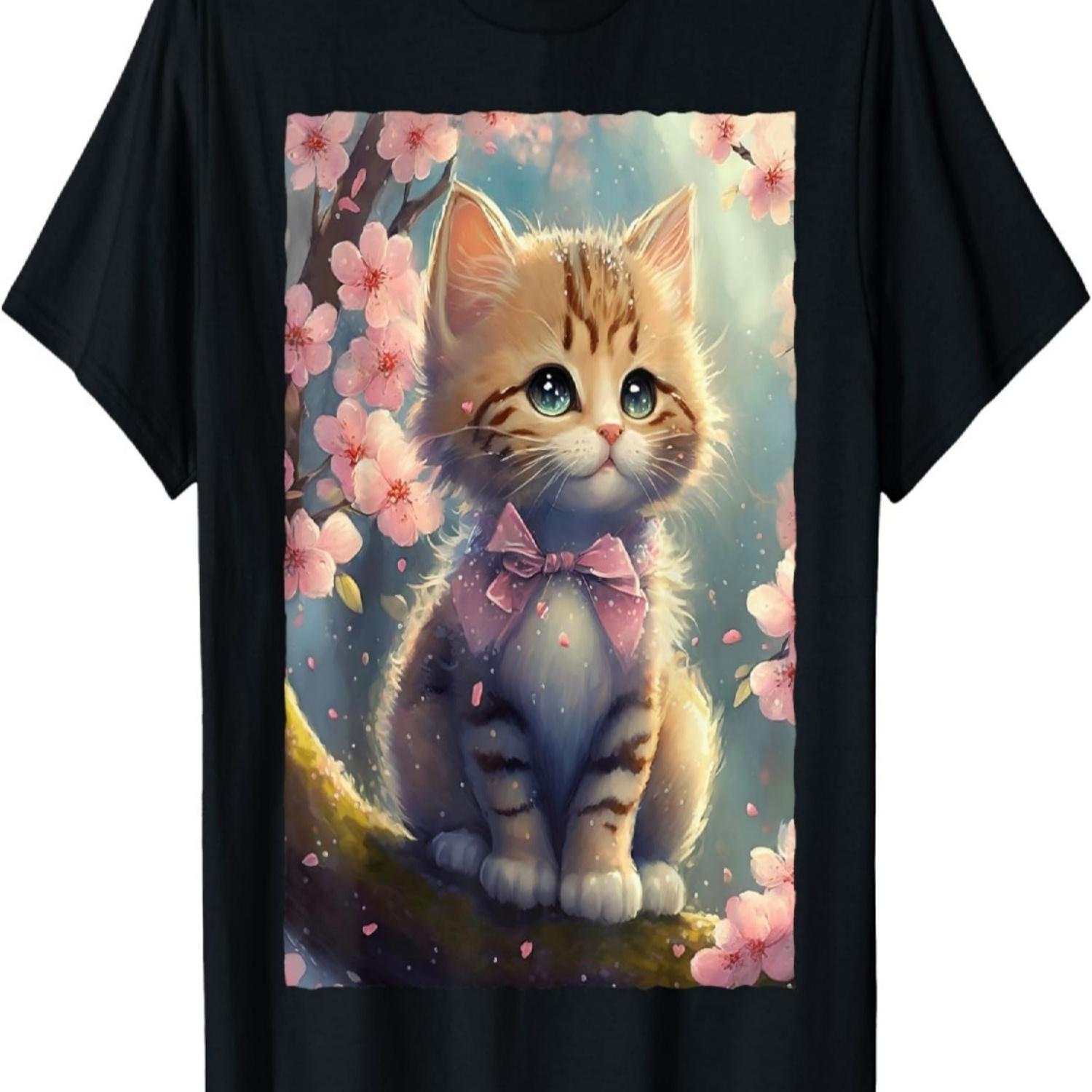 Cute Kawaii Cat with Cherry Blossom T-Shirt(4) S чёрный