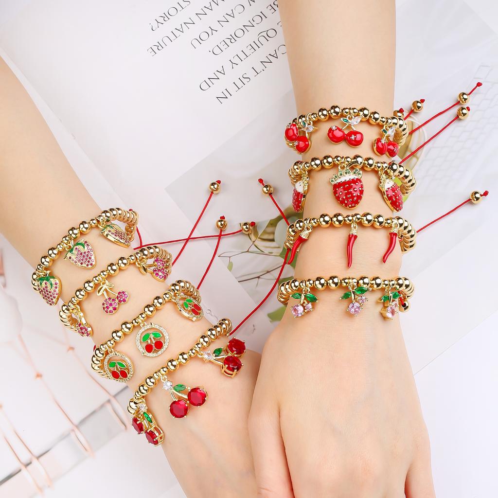Hot Sale Cute Cherry Strawberry Pendant Copper Bead Chain Bracelet High Quality Crystal Zirconia Fruit Jewelry For Daily Wear