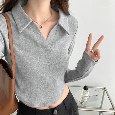 Hot Girl's Right Shoulder Polo Collar Long-sleeved Bottoming Shirt Women's Autumn Design Curved Hem Slimming Short Long-sleeved Top