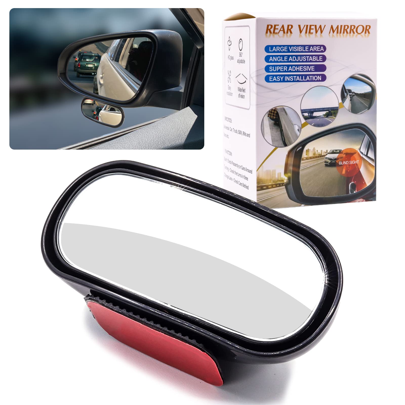 

Car Auxiliary Reduces Blind Adjustable Safety Standards Convex Side Oval Tape 1 Piece Mirror, Wide-Angle Mirror, Spots, 360° Angle, Compliant,
