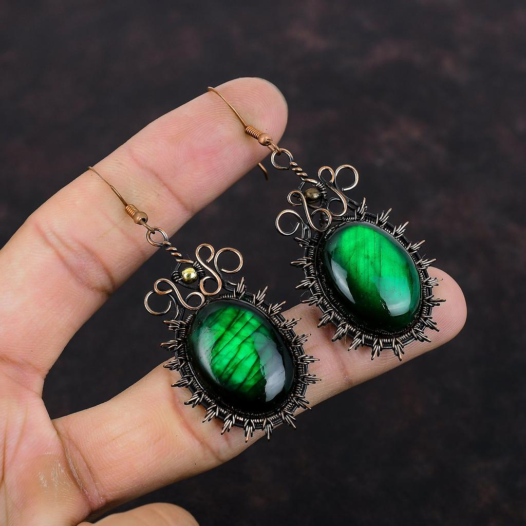 Green Fire Labradorite Earring Copper Wire Wrapped Earring Natural Gemstone Earrings Copper Jewelry Handmade Brand New Earring Gift For Mom