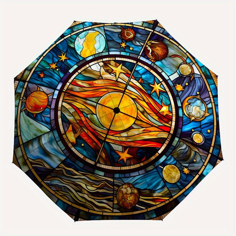 Stained Celestial Window Panel: Vibrant Solar System DesignUmbrella, Portable 3-Fold Compact Umbrella for Men & Women Gift