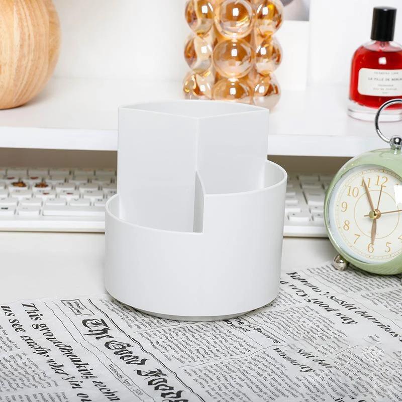 1pc Suporte de caneta rotativo, caixa de armazenamento de caneta de mesa de estudante de escritório, caixa de pincel de maquiagem de três furos de armazenamento de escritório