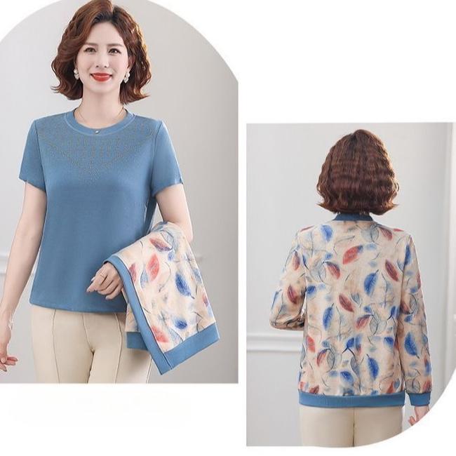 Women's Knit Top Two-Piece Set for Spring Women's Printed Knit Cardigan Round Neck Knit Short Sleeve T-Shirt Two-Piece Set Outdoor Wear