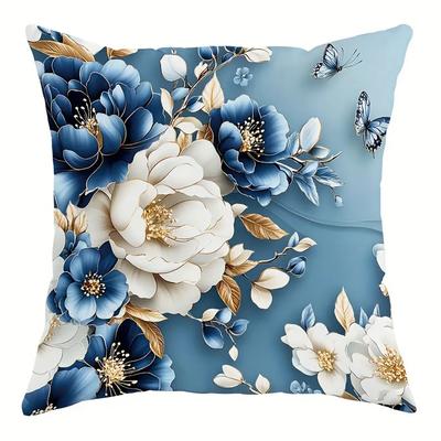 Blau und Weiß Vergoldetes Blumenmuster Heimdeko Kissenbezug Wohnzimmer Sofa Polyester Kissenbezug mit Reißverschluss
