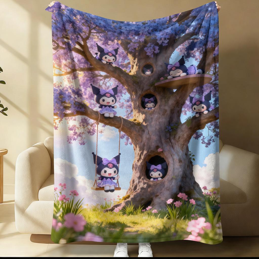 Kuromi Lightweight Cozy Flannel Blanket Cute Strawberry Cherry Heart Pattern Flannel Plush Throw for Home Bedroom Living Room