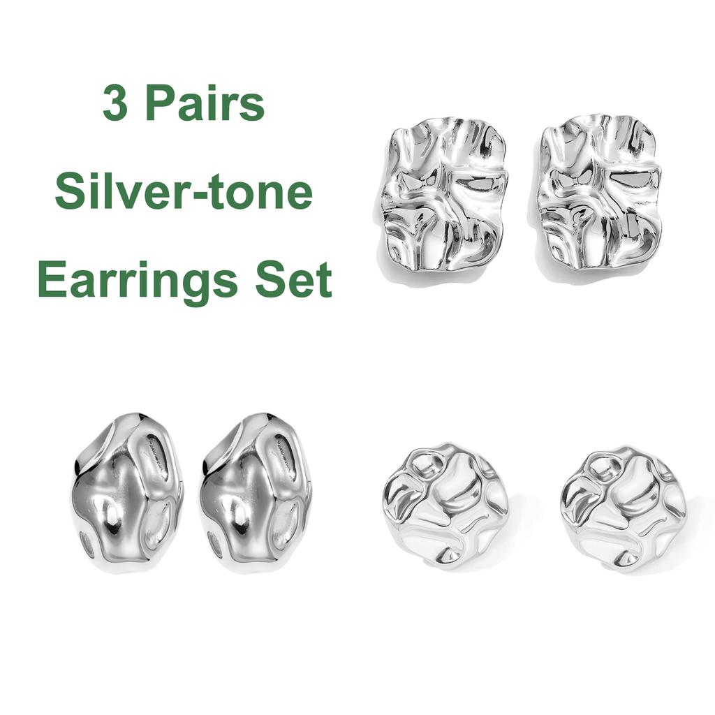 Round Irregular Stone-Shaped Pleated Gold Stainless Steel Stud Earrings for Women Vintage Korean Design Studs Jewelry Set