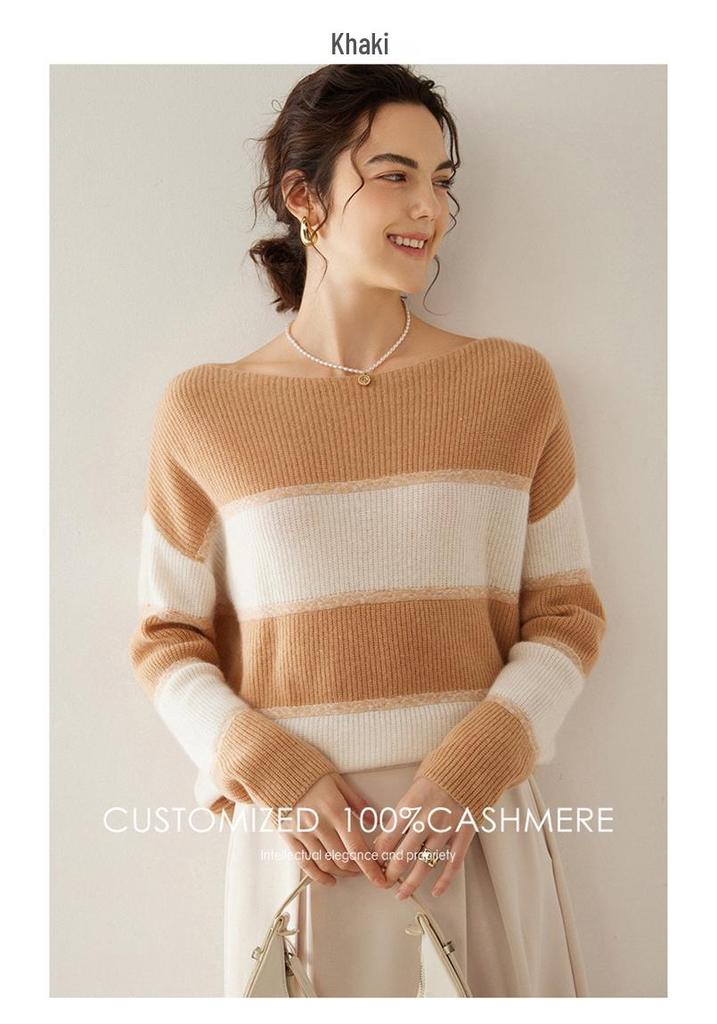 Women's Off-Shoulder Striped Cashmere Sweater - Long Sleeve Knit Pullover