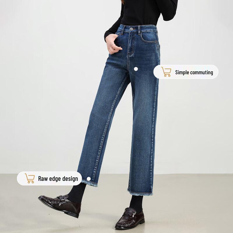 Handu Yishe Women's Retro High-Waist Raw-Edge Cropped Denim Jeans