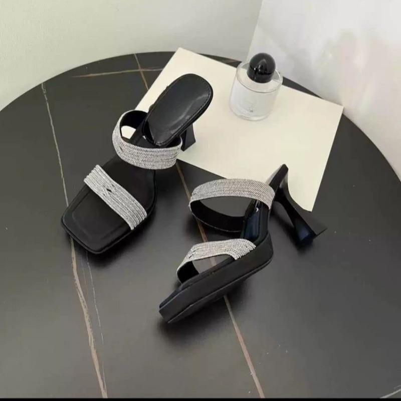 Fashion Fashion Slippers Summer New Square Head Sequin with Soft Sole Anti-slip Wear-resistant Waterproof Platform High Heel Sandals