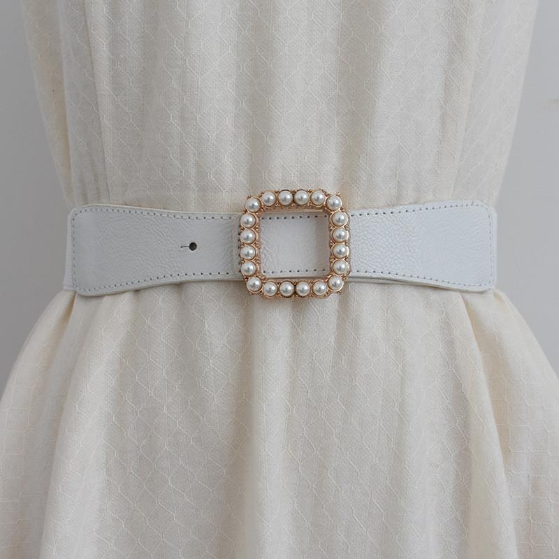 

Womens Elastic Elegant Waist Cincher With Pearl Buckle Detailing Design Versatile белый