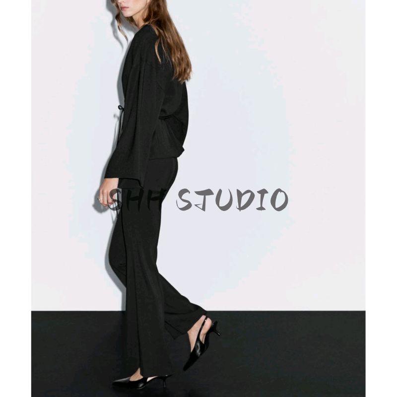 MD Early Autumn New Women Clothes New Chinese Style High Sense Black Drape V-neck Lace-up Shirts Top 5108709