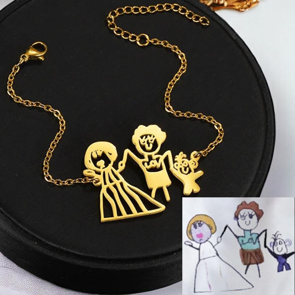 

Atoztide Children s Drawing Necklace Bracelet Keychain Personalized Stainless Steel Jewelry Set Kids Actual Artwork Doodle Gift Silver color