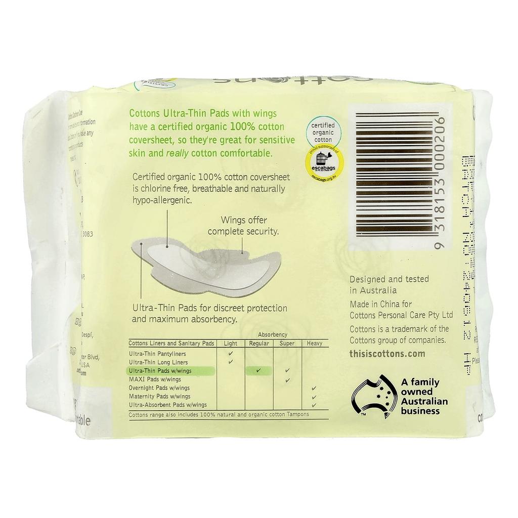 100% Cotton Comfortable Ultra Thin Wing Pads, Regular, 14 Pads