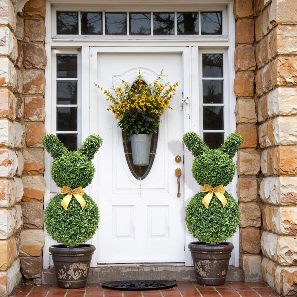 30.7 INCH Artificial Bunny-Shaped Bowknot Topiary Tree Shaped Topiary Trees UV Resistant Faux Boxwood Topiaries Plant For Porch Decor Outdoor/Indoor