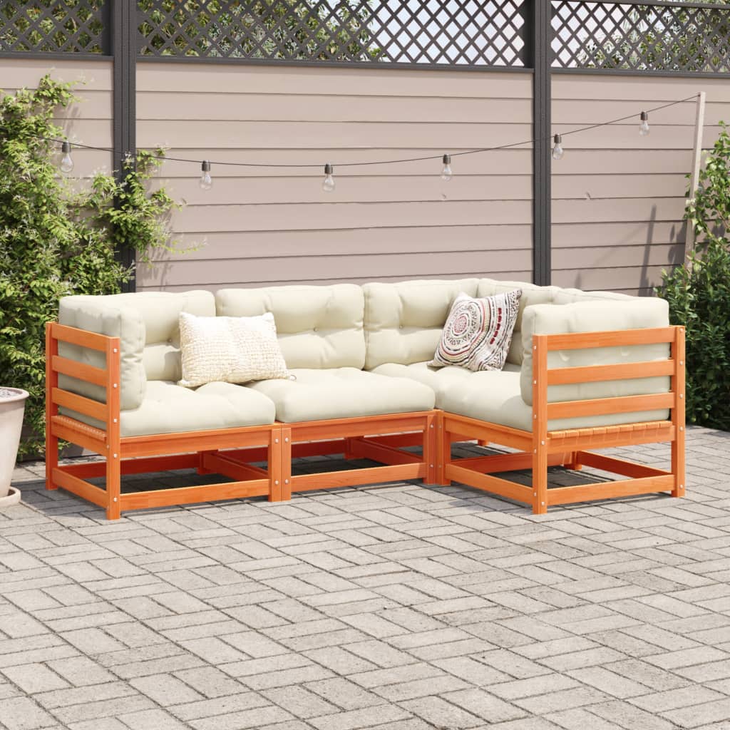 4 Piece Garden Sofa Set with Cushions Wax Brown Pine Wood