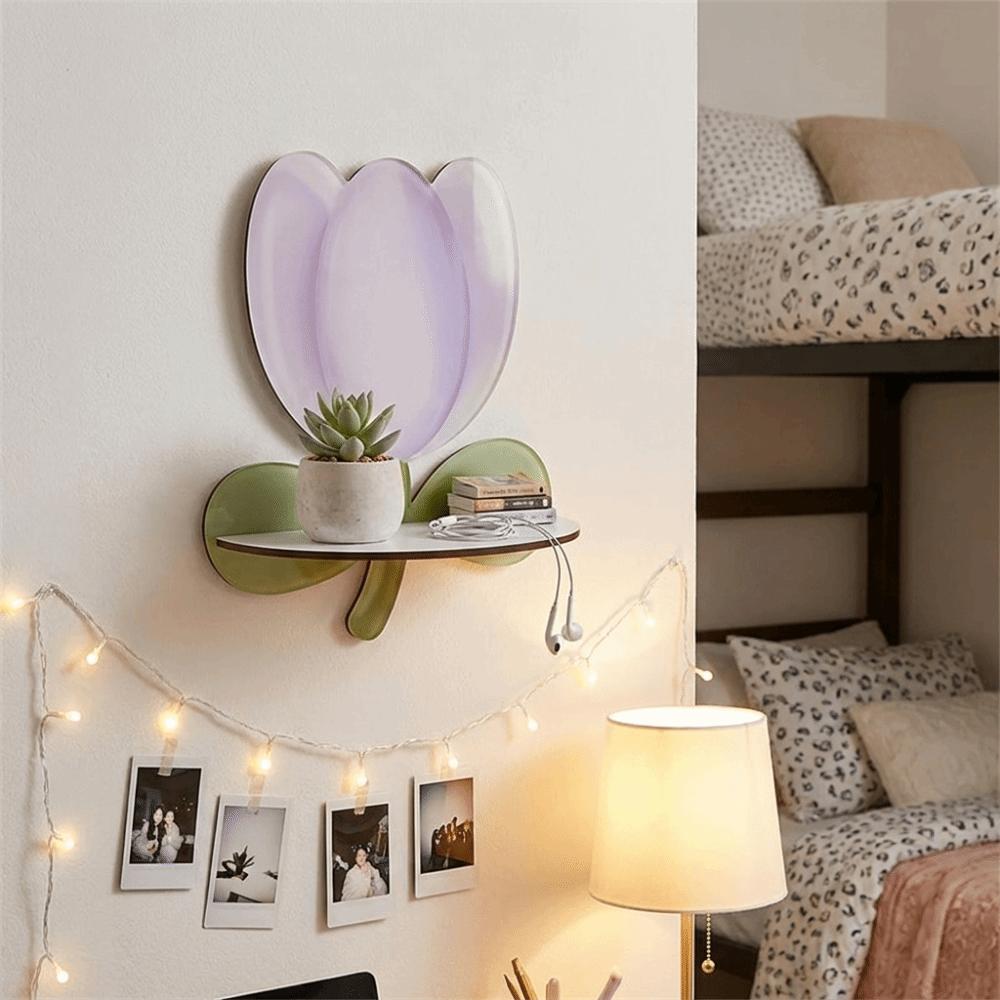 Bohemian style Tulip Floating Wall Shelf Wooden 2D Flat Floating Storage Rack Retro Flower Shape Wall Mounted Shelves Home Decor