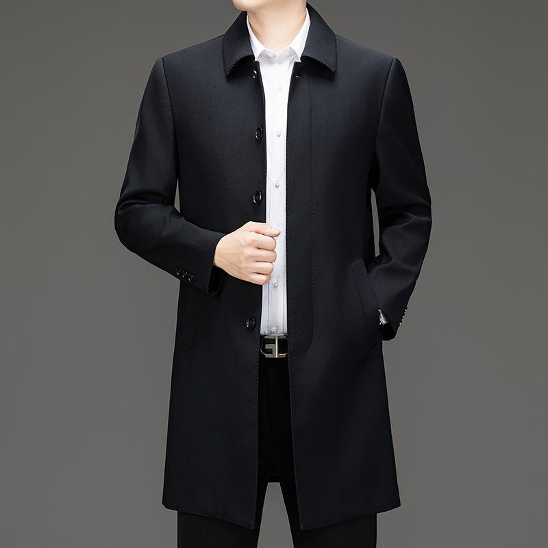 

Ветровка мужская на пуговицах средней длины с лацканами из шерсти для папы, новое свободное деловое пальто на осень и зиму 195