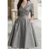 Women Elegant Formal Midi Dress, Lapel Collar 3/4 Sleeve Wrap V‑Neck Dress, High Waist Pleated A‑Line Swing Dress With Pockets For Wedding Guest Party