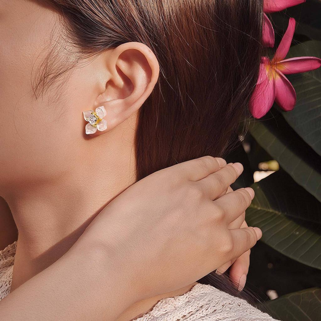 Enamel Flower Earrings for Women, Cubic Zirconia Studs Blossom Plumeria Earrings, Stainless Steel Floral Ear Jewelry