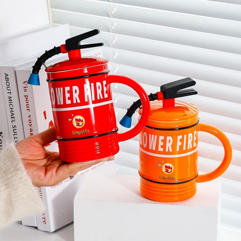 450ml Creative Fire Extinguisher Cup with Spoon Fire Hydrant Tea Cup, Office Water Cup, Ceramic Cup, Funny Gift for Best Friend