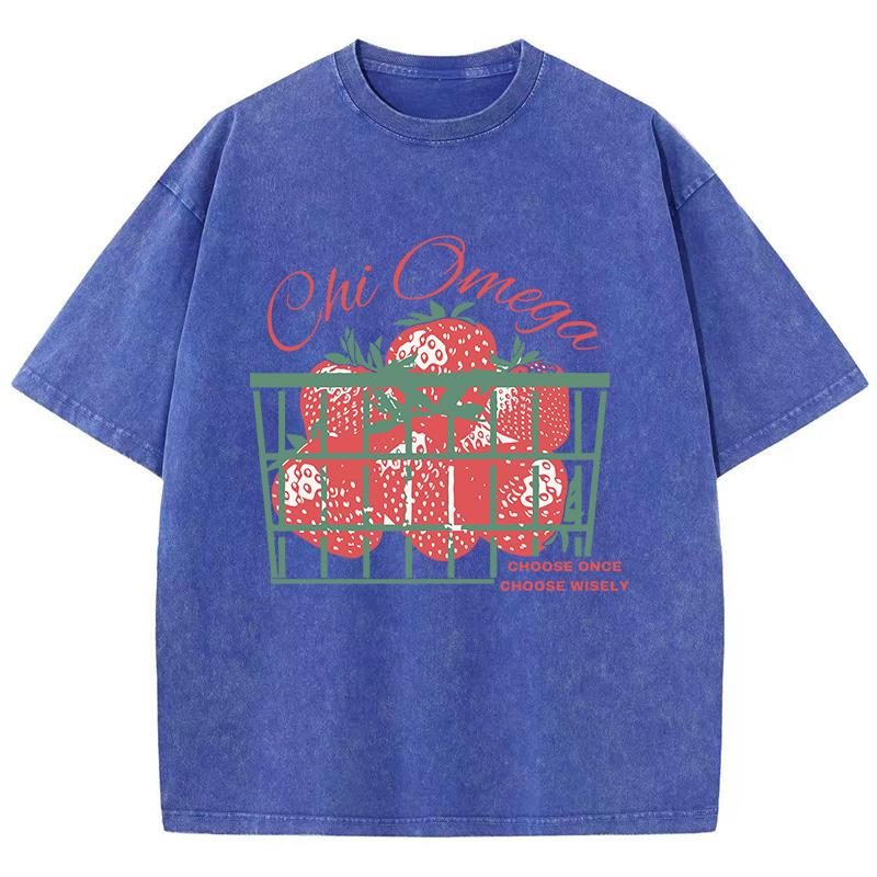 Strawberries Cotton Washed T-Shirt Womens Fresh Fruit Printing T Shirts O-Neck Oversized Acid Wash Tops Womans