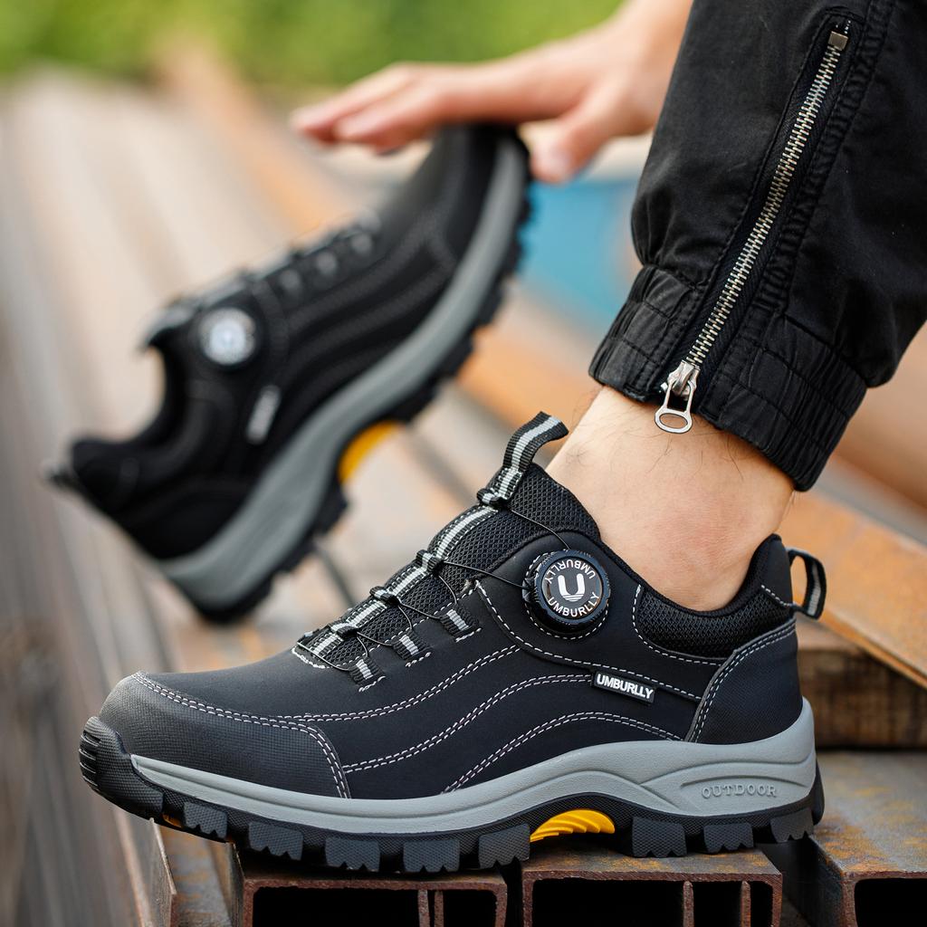 Scarpe antinfortunistiche da uomo impermeabili con puntale in acciaio, chiusura a rotella, in pelle nera, scarpe da lavoro da uomo, sneakers protettive antiscivolo