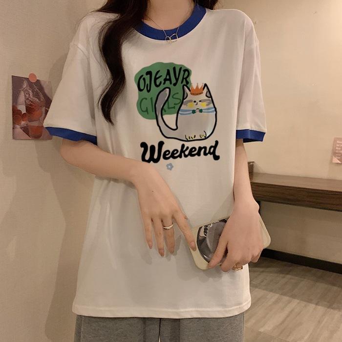 

Pure cotton, spring and summer new Korean version loose casual contrasting color cartoon printing short-sleeved t-shirt female tide S