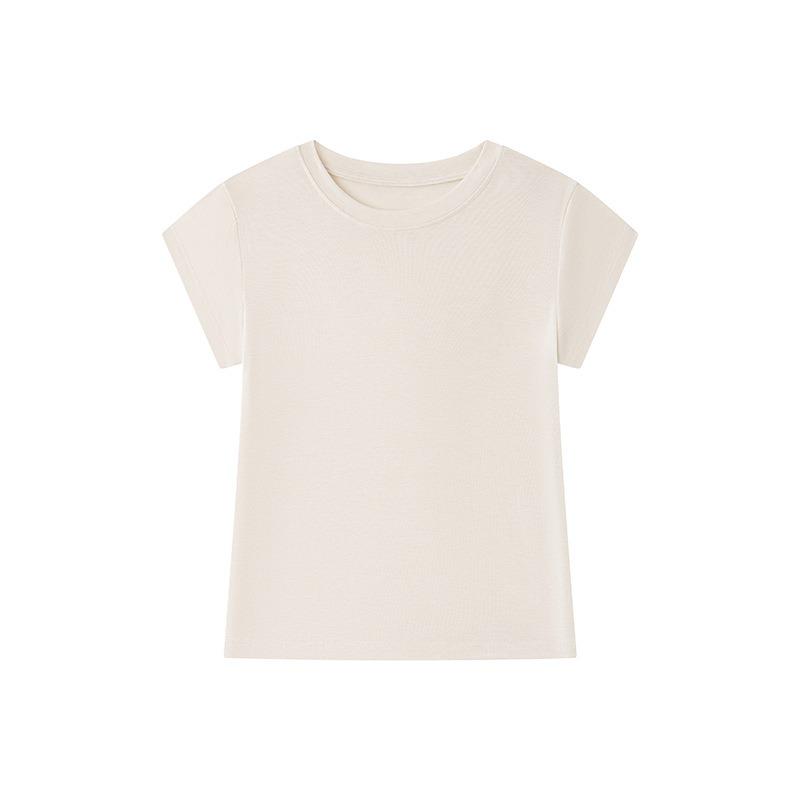 Summer Tencel Wool Short Sleeve Women's Round Neck Design Slim Fit Sleeve New Solid Color Comfortable Top