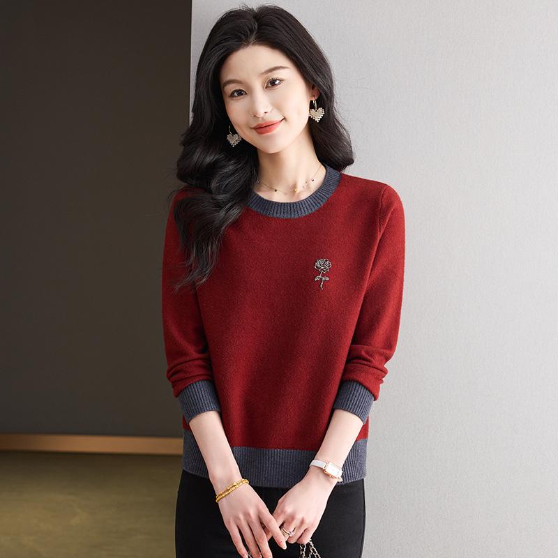 2025 Spring/Autumn Color Block Knit Women's Long Sleeve Sweater Jumper