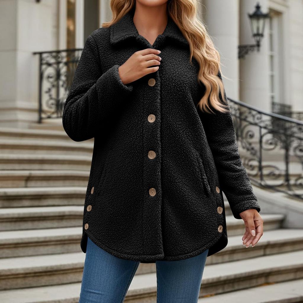 Damen Modische Plüsch Einfarbig Knopf Tasche Revers Langärmlig Locker Warme Jacke