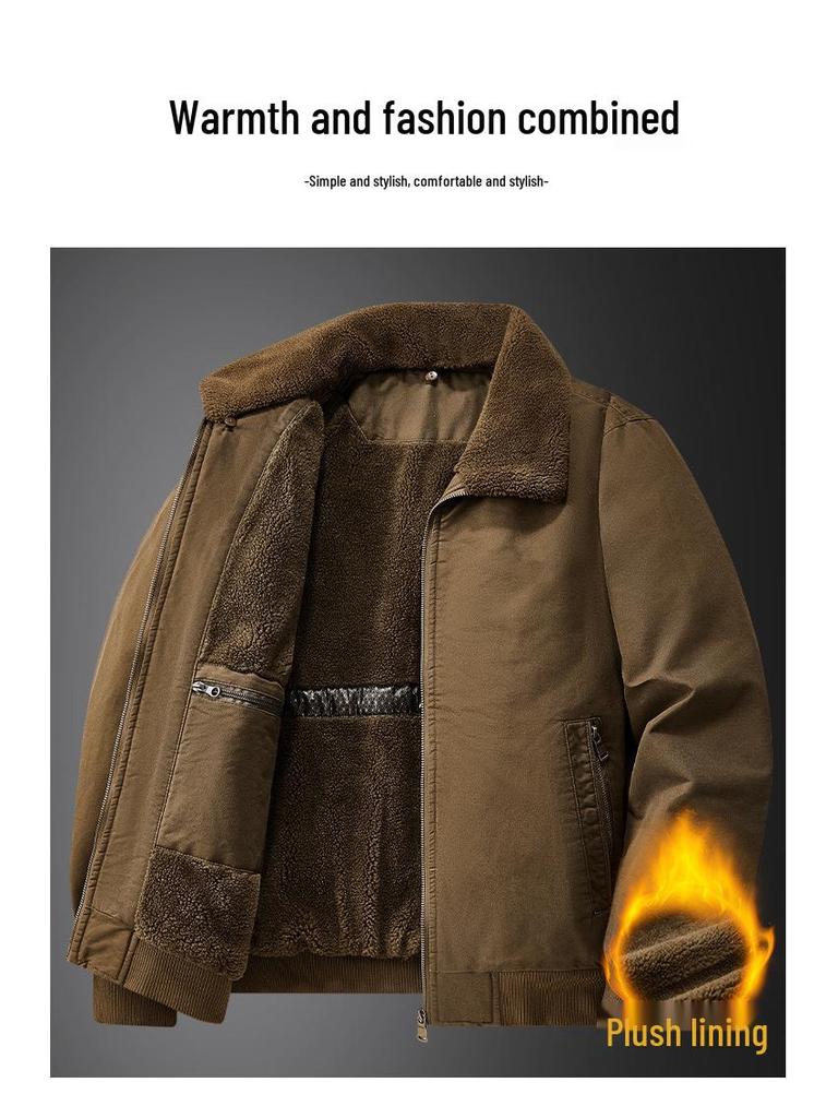 2025 Men's Velvet Jacket: Wear-Resistant, Warm, Detachable Fur Collar, Cotton Coat