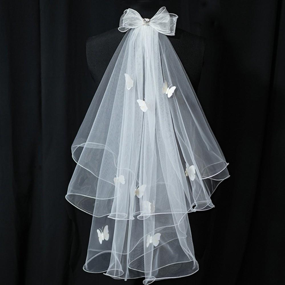 Soft Mesh Bridal Wedding Veil Hair Clip Short Tulle Veil Butterfly Mesh Headpiece  Civil Wedding