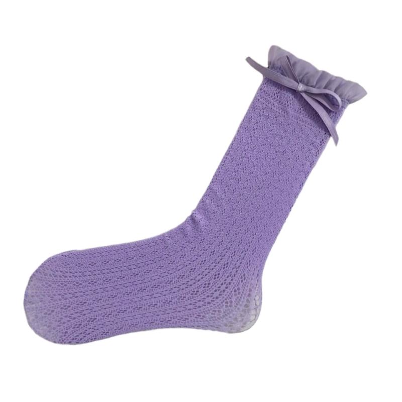 Japanese Style Ruffle Trim Frilly Middle Tube Crew Socks for Women Cute Ribbon Bowknot Hollowed Out Lace Mesh Calf Socks