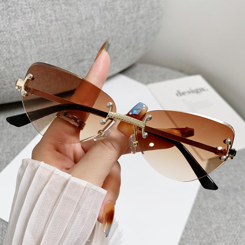 Frameless Sunglasses Gradient Color Cut Edged Sunglasses Cat Eye Fashion Sunscreen Decorative Metal Glasses 90256