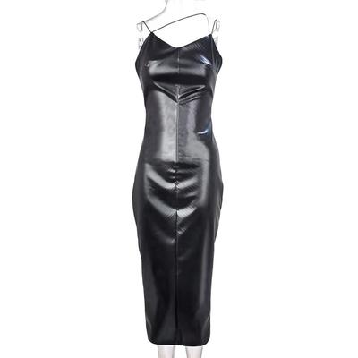 Sexy Suspender Waist Slimming and Hip Slit PU Dress for Women's Nightclub Clothing